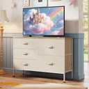WLIVE 5 Drawer Fabric Dresser for Bedroom, Wide Storage Chest, Cream