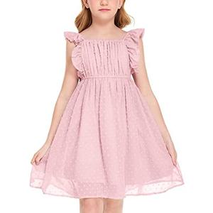 Flypigs Girls Ruffle Sleeve Swiss Dot Dress Stretchy A-Line Flutter Sleeve Casual Dress for Kids, 150