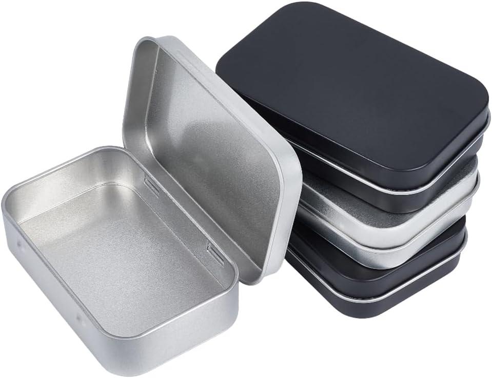 4 Pack 2 Colors Tin Box Empty Hinged Tins Mini Portable Metal Rectangular Black Silver DIY Storage Travel Outdoor Case Metal Boxes with Hinged lids for Home Keys Organizer Jewelry Crafts