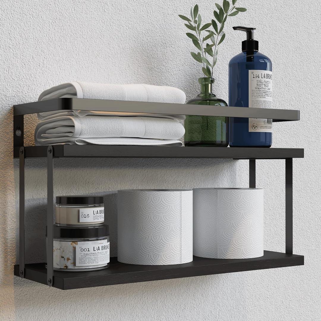 RICHER HOUSE Dual-Level Guardrail Floating Shelves, Rustic Wood Bathroom Shelf Wall Mounted, Over Toilet Paper Storage Shelves for Wall Decor, Bathroom Organizers - Black (2 in 1)
