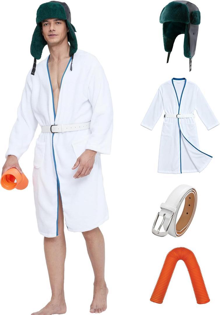 Men Christmas White Costume Set Cosplay Props Robe Hat Belt Hose Winter Holidays For Party Vacation (Large-X-Large)