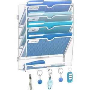 5 Tier Wall File Organizer - Hanging File Organizer with 5 Hooks, Mail Holder Wall Mounted for Papers, Folders, Magazines, Bills, Office&School Organization, White