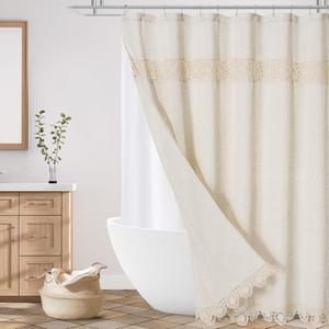 Gibelle Extra Long Boho Farmhouse Shower Curtain, Linen Cotton Fabric Shower Curtain with Macrame Lace Decor, Modern Bohemian French Country Chic Shower Curtain Set with PEVA Liner 72x84 - Beige/Cream