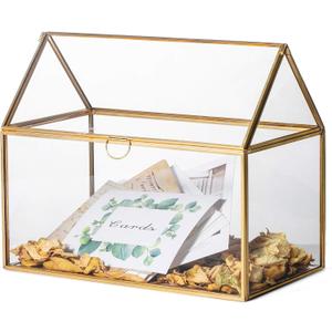 NCYP Glass Card Box for Wedding Reception - 10.2" x 5.9" x 8.2" House Shape Clear Terrarium Planter, Home Party Tabletop Decor, Centerpiece, Gold (Glass Box Only)