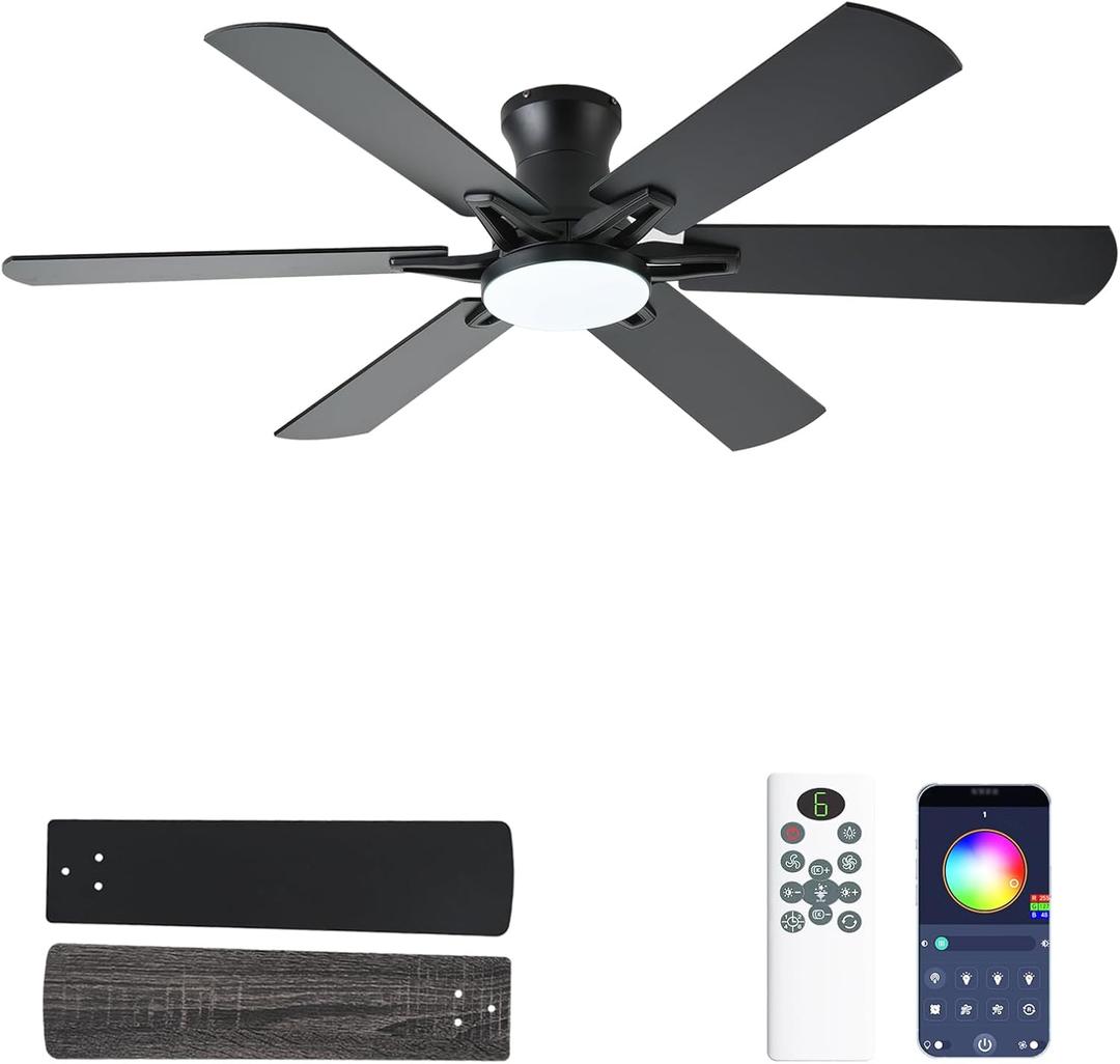 Ceiling Fans with Lights, 52 Inch Low Profile Ceiling Fan with Light and Remote, Flush Mount, Quiet, Reversible, 3CCT, Dimmable, Black RGB Ceiling Fan for Bedroom, Living Room, Indoor/Outdoor