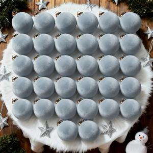 32 Pcs Velvet Christmas Tree Ornaments Balls with Velvet Ribbon Christmas Tree Hanging Decorations Neutral Flocked Balls Bulk for Xmas Home Indoor (Blue)