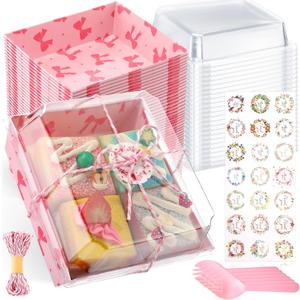 100 Pcs Small Charcuterie Boxes with Clear Lids Dessert Boxes Treat Cupcake Cake Slice Container Take Away Paper Disposable Food Containers for Sandwich Cookies Party Supplies(Pink, Bow)