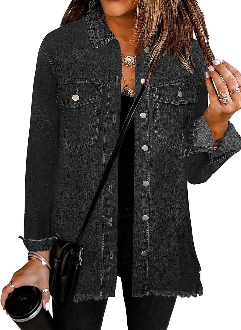 Bosmeer Women's Oversized Jean Jacket Casual Long Sleeve Denim Shirts Distressed Frayed Hem Denim Shacket (Gray, S)