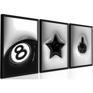 Modern Trendy Wall Art Set of 3, Black and White Lucky 8 Star Wall Decor Paintings Cool Preppy Finger Poster Canvas Prints for Dorm Bedroom Living Room 16x24 inch Framed