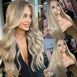Ombre Blonde Lace Front Wig Human Hair for White Women Ash Brown Roots to Ash Blonde with White Platinum Highlights Glueless Wigs Human Hair Pre Plucked with Baby Hair 180% Density Straight 20 Inch