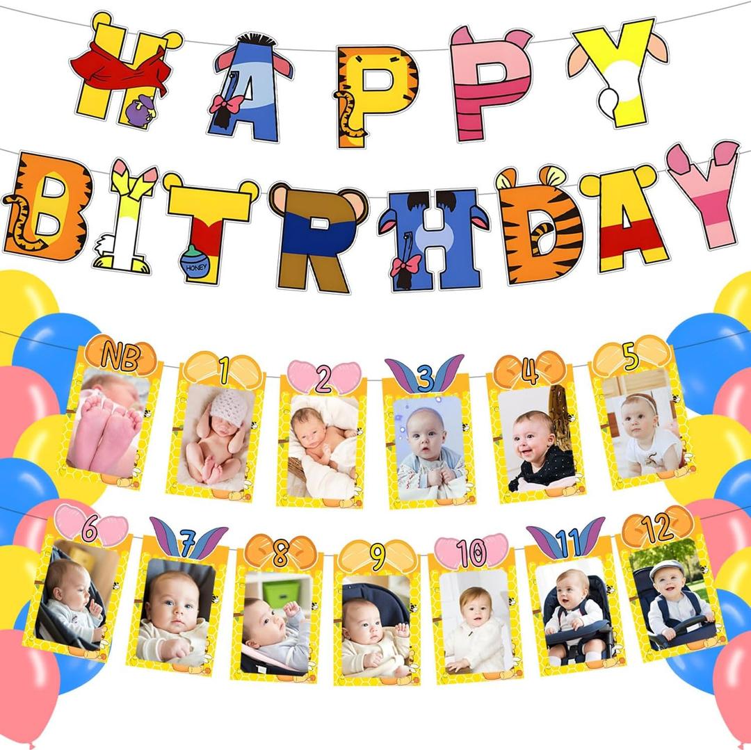 Classic Winniee Baby Shower Birthday Party Decorations, Bear12 Monthly Milestone Photo Banner Baby First Year Down Winnie Bear Theme Banner Party Supplies for Girl Boy Theme Party