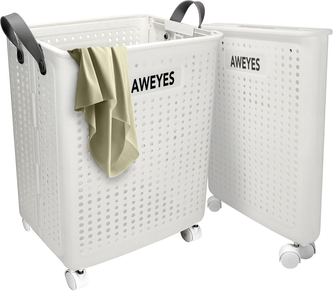 50L (13 gallon) Collapsible Laundry Basket with Wheels, Foldable Storage Container/Organizer, Space Saving Dirty Clothes Laundry Bin with Handle - White