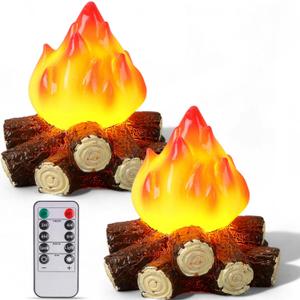 Retisee 2 Pack Artificial Fake Fire Campfire Night Light Flameless Candle 3D LED Fake Firewood Lamp with Remote and Timer, Battery Operated Candle for Halloween Christmas Party Decor 5 x 5.5 in