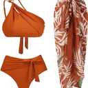 Women One-Piece Swimsuit with Cover up Wrap Skirt Sarong Bathing Suit Beach Outfit Summer (Small, Brown Orange Y305)