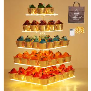 Jusalpha 5 Tier Square Cupcake Stand - Premium Cupcake Holder - Acrylic Cupcake Tower - Ideal for Weddings Birthday Parties, Candy Bar Decor 5SF-S (LED Light Option: Battery)