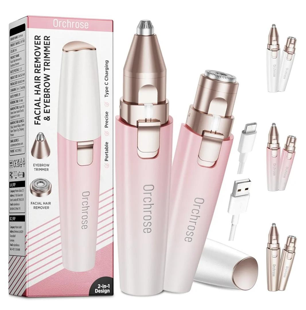 Rechargeable Facial Hair Remover for Women: 2-in-1 Device for Shaping Eyebrows and Removing Face Peach Fuzz (Gradient Pink)