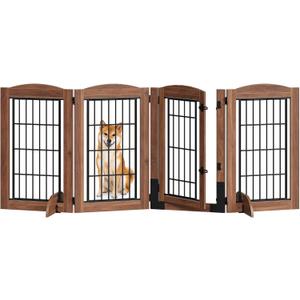 HOOBRO 4 Panels Dog Gate Indoor with Door, 32.7'' Tall Freestanding Pet Gate with 2 Support Feet, Foldable Dog Fence for Doorways, Stairs, Wooden Pet Puppy Safety Fence, Walnut BH86PP03N1