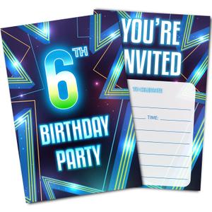 Neon 6th Birthday Party Invitations, Blue Invitation Cards with Envelopes (30PACK), Sixth Birthday Supplies Fill-in Invites for Boys, Girls, Kids