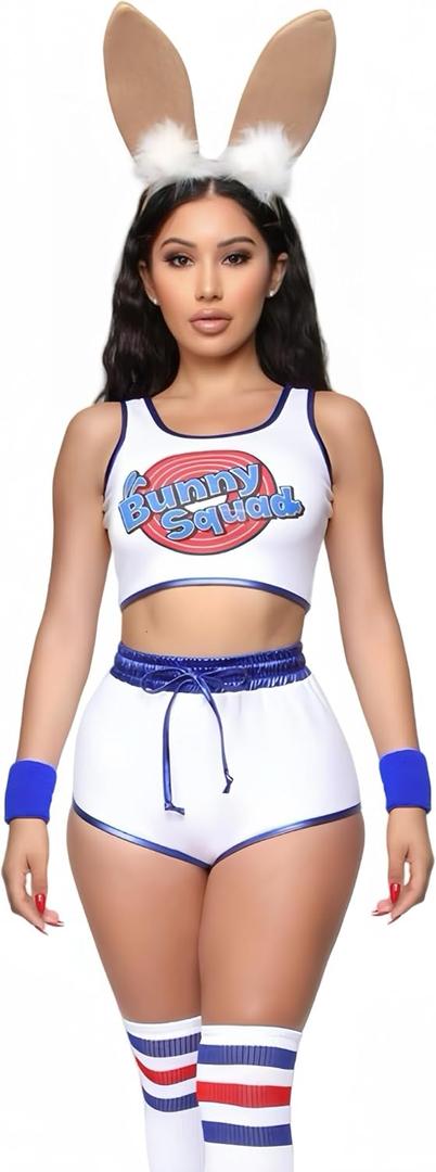 Halloween Bunny Costume Set for Women Space Movie Full Outfit with Shorts Headband Wristband Socks (X-Large)