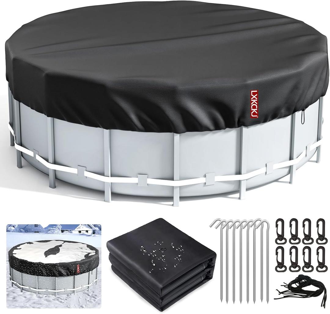 LXKCKJ 18 Ft Round Pool Cover, Solar Pool Covers for Above Ground Pools, Winter Pool Cover Protector with Pool Accessories, PE Tarp Ideal for Waterproof and Dustproof (Black)