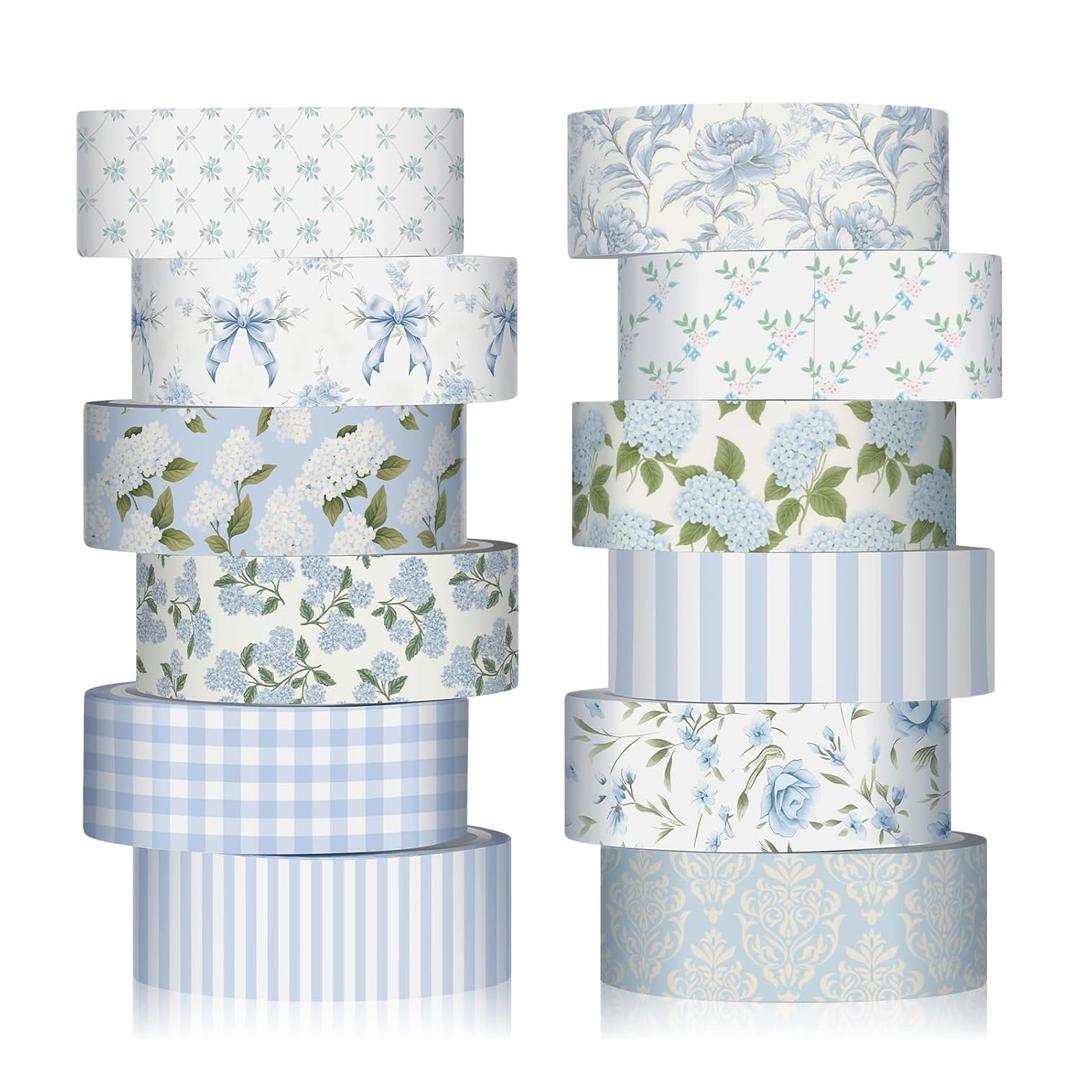 12 Rolls Watercolor Floral Washi Tape Set 15 mm Vintage Flower Decorative Masking Tape for Spring Arts DIY Craft Scrapbook Journal Supplies Gift Wrapping(Dusty Blue,Rose and Hydrangea)