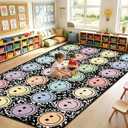7.6x12 ft Large Smile Face Classroom Rug Happy Face Educational Area Mat Composition Notebook Play Carpet Back to School Learning Mat for Preschool Playroom Nursery Kindergarten(Black and White)