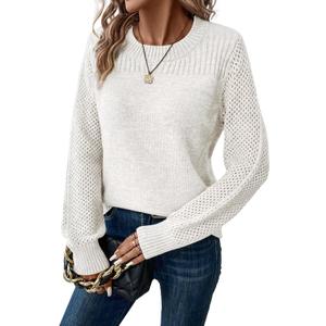 Womens Sweaters Casual Long Sleeve Crewneck Crochet Knit Pullover Sweater Tops 2026 Fall Fashion Trendy Outfits (Small, White)