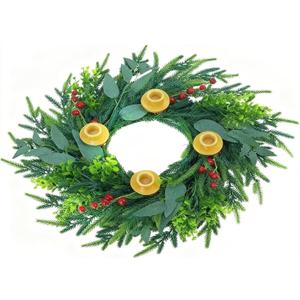 Candle Holder Wreath, Christmas Advent Centerpiece Decor,20 inch Candle Wreath Decorations for Table Indoor Home & Church (Green)