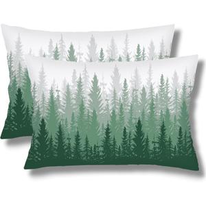 Foggy Forest Throw Pillow Cover Queen Size Set of 2,White Green Lumbar Pillow Case Decorative Standard Pillows Cases with Zipper,Farmhouse Pillows Case Farmhouse Cushion Covers for Bed,Sofa,20"x30"