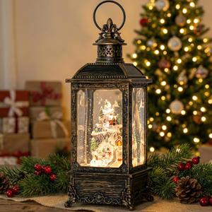 Christmas Snow Globe Lantern Musical Lighted Snow Mountain Snowman Village Water Lantern with Swirling Glitter Decoration for Christmas Home, Living Room, Batter Operated or USB Powered