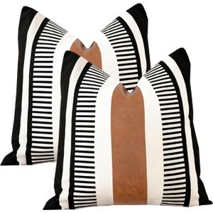 Set of 2 Boho Decor Faux Leather and Cotton Throw Pillow Covers 24x24 Rustic Canvas Cushion Cover Black White Farmhouse Stripe Pillow Case for Sofa Couch Chair Bedroom