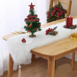 White Table Runner for Home Decor , Fluffy Fur Christmas Table Runners with Tassels for Dining Table ,Dresser ,Thanksgiving, Xmas ,Birthday ,Party ,11.8x70.7 inch