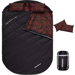 KingCamp Double Sleeping Bag for Adults, Queen Size 2 Person XXL Flannel Sleeping Bag, Waterproof Lightweight Flannel Quilt with 2 Pillows, Perfect for Couples Family Camping Hiking - Thermal Pod Black 