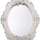 JUXYES Small Tabletop Dressing Mirror Vintage Metal Desktop Mirror with Stand, Antique Embossed Roses Countertop Makeup Mirror Retro Oval Cosmetic Decorative Mirrors for Table Centerpieces (White)