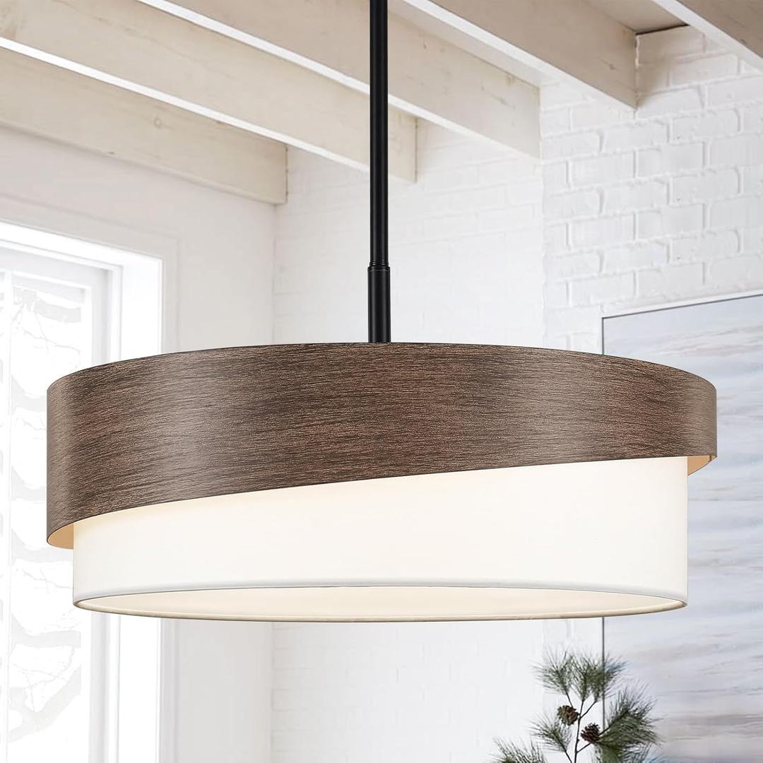 21.5'' Farmhouse Chandeliers for Dining Room Light Fixtures 5-Light Wood Texture Drum Chandelier with White Fabric Shade Large Rustic Pendant Lighting for Foyer Bedroom Living Room Kitchen，E26