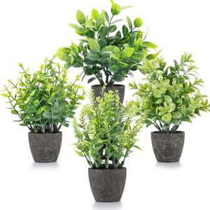 4 Pack Fake Plants Ceramic Mini Artificial Greenery Potted Plants for Home, Office, Room, Farmhouse, Indoor Table, Bathroom Decor (Black)