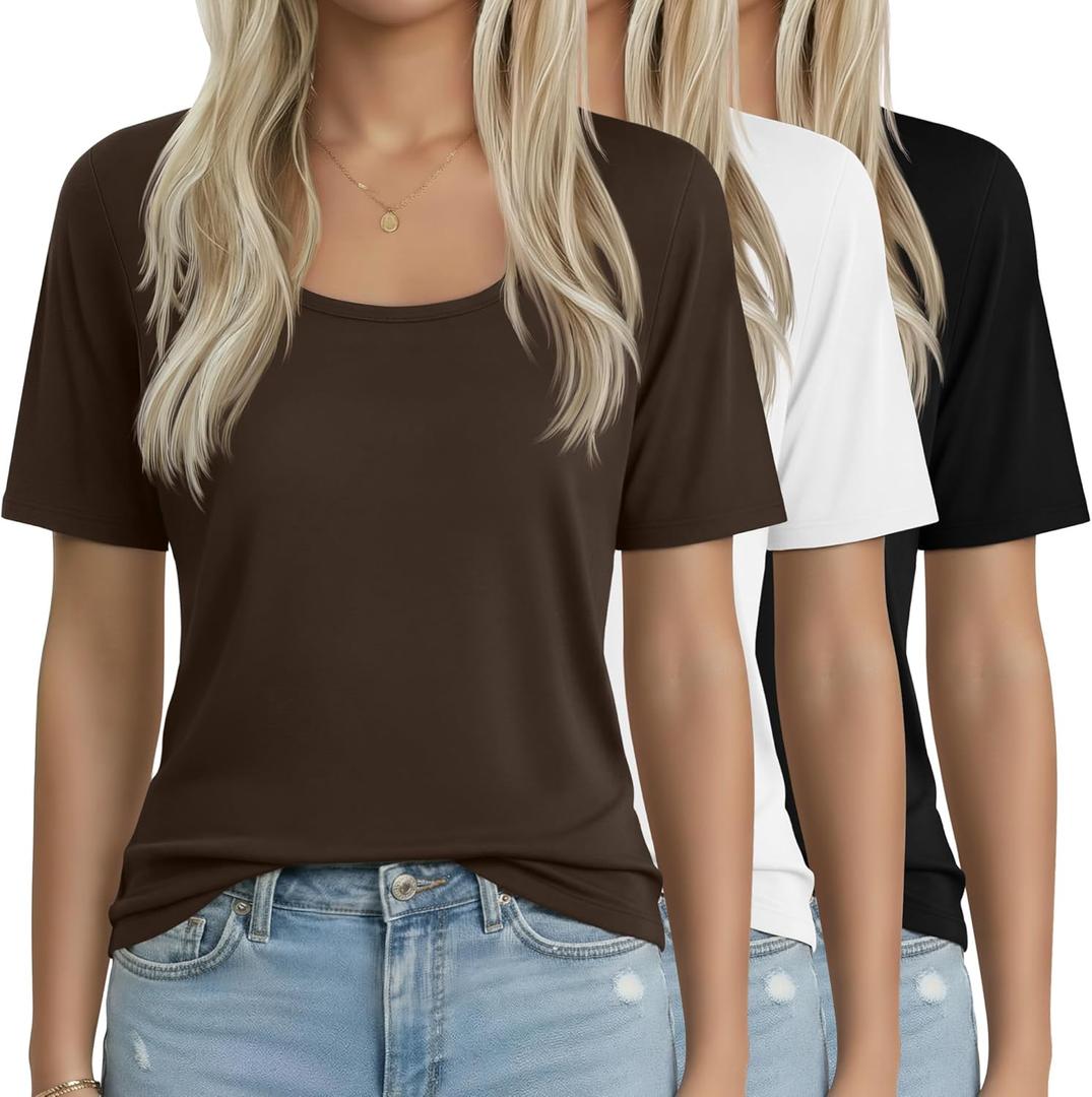 Neer 3 Pack Women's Scoop Neck Short Sleeve Tops Loose Fit Basic Casual T Shirts Lounge Layer Tees Summer (Brown, White, Black, Small)
