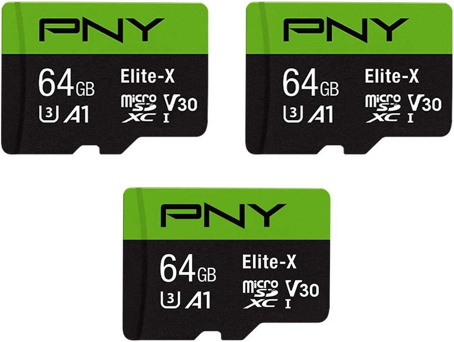 PNY 64GB Elite-X Class 10 U3 V30 microSDXC Flash Memory Card, 3 Count (Pack of 1) - 100MB/s, Class 10, U3, V30, A1, 4K UHD, Full HD, UHS-I, Micro SD