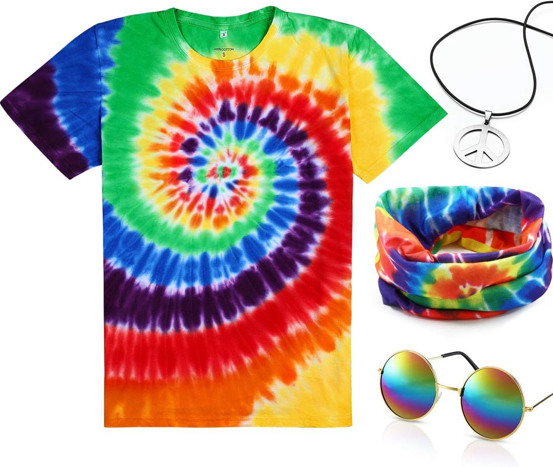 4 Pieces Hippie Costume Set, Include Colorful Tie-Dye T-Shirt, Peace Sign Necklace, Headband and Sunglasses for Theme Parties (8-10Y, Rainbow)