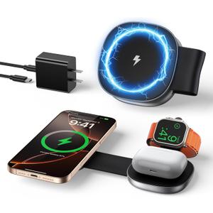 3 in 1 Charging Station for iPhone 16/15/14/13/12 Series, Foldable Travel Charger for Multiple Devices for AirPods 4/3/2/Pro, Wireless Charger Magnetic Charging for Apple Watch 10 9 8 7 6 5 4 3 Ultra (Square)