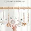 Mallify Wooden Baby Gym with 6 Gym Toys, Foldable Baby Play Gym, Natural Pine Wood Play Gym, Frame Activity Center Hanging Bar, Wooden Play Gym
