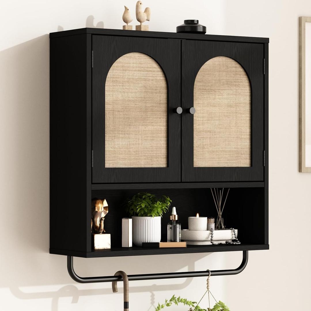 RUSTOWN Rattan Bathroom Wall Cabinet, Boho Medicine Cabinet with 2 Arched Doors, Farmhouse Over The Toilet Storage Cabinets with Adjustable Shelves & Towel Bar, 23.6"w X 7.9"d X 26.8"h