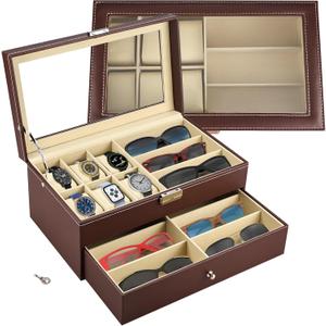 NovelBee Leather 6 Slots Watch Box and 9 Pieces Eyeglasses Sunglass Glasses Case Organizer,2-Tier Watch Sunglasses Display Drawer Holder Transparent Lid with Lock for Women Men (Brown)