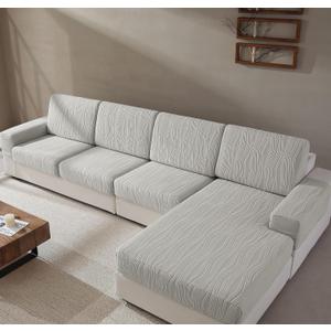 QIANMEW Couch Cushion Covers, Super Stretch Washable Sofa Slipcovers for L Shaped & Modular Seats, Pet-Friendly Furniture Protector with Stripe Design, (2 Seat Covers S+1 Chaise, Light Gray)