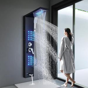 Black Shower Panel Shower Tower with LED Rainfall Waterfall Shower Head Contemporary Shower Faucet Full Body Shower System Wall Mount Shower Column Stainless Steel