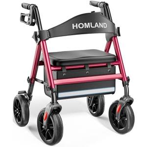 HOMLAND Rollator Walkers for Seniors with Seat, 8" All Terrain Wheels, Durable Aluminum Frame, Lightweight Foldable Walker with Ergonomic Seat, Height Adjustable Rolling Walker