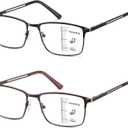LKEYE Progressive Multifocus Reading Glasses Men No Line Multifocal Transition Blue Light Computer Readers Metal Full Wide Frame Spring Hinge Multi Focus Designer Magnifying Eyeglasses Black & Brown +1.25
