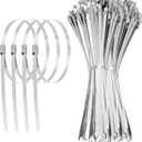 2 x 11.8 Inch 100 Pcs 304 Stainless Steel Metal Zip Ties Heavy Duty Outdoor Cable Ties with Self-Locking Design for Machinery, Vehicles, Farms, Pipes, Roofs, Cables