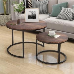 HOJINLINERO Round Coffee Table,Nesting Coffee Table Set of 2,Center Tables for Living Room,Office, Home Small Space,Stacking Side Tables,Sturdy and Easy Assembly,Wood Desktop,Brown