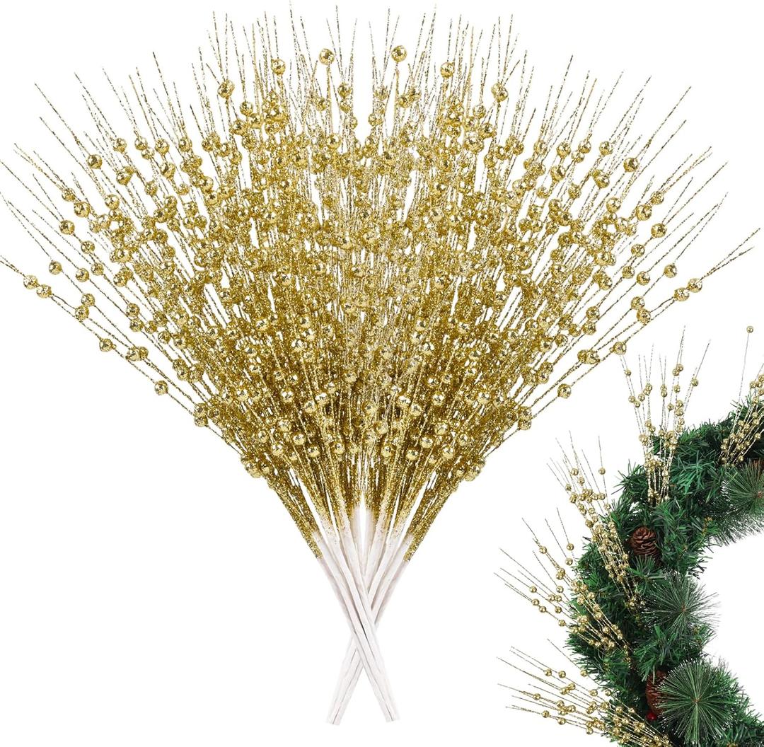 N&T NIETING 20 Pack Artificial Glitter Golden Berries Christmas Decor 15.7 Inchs Christmas Picks Tree Sticks Glitter Sticks for DIY Wreath Crafts Gift Fireplace Holiday Home Decoration Wedding